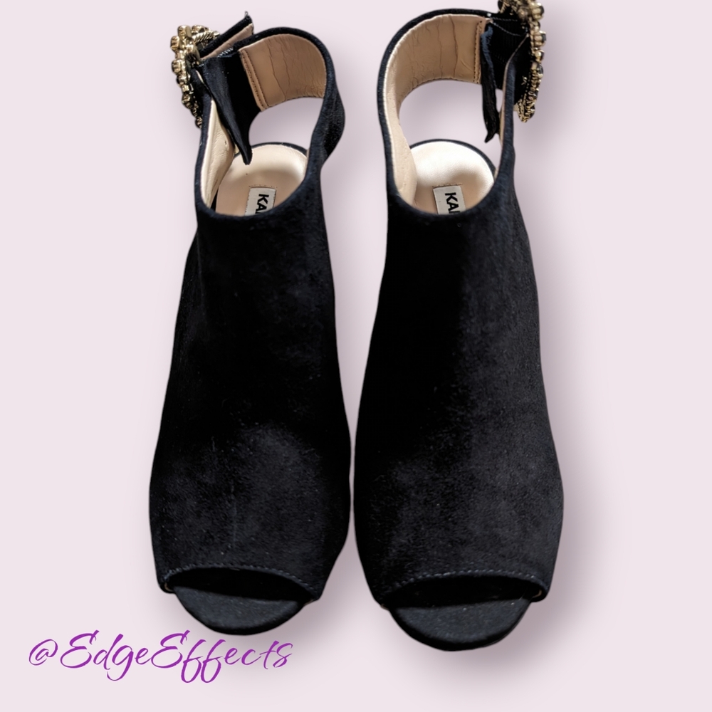 EUC Karl Lagerfeld Kimber Embellished Black Suede Pumps Heels Saks 5th Size 6.5